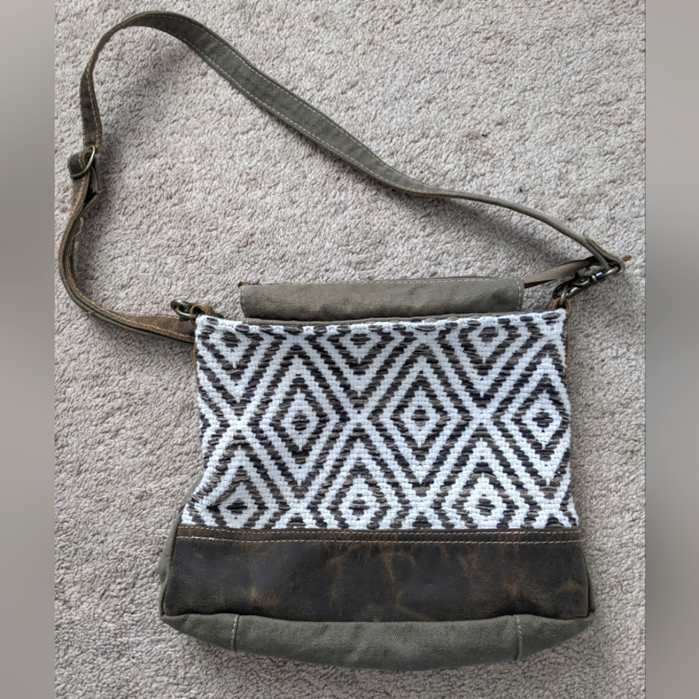 Myra Up Cycled Crossbody Bag Leather and Canvas Adjustable Strap